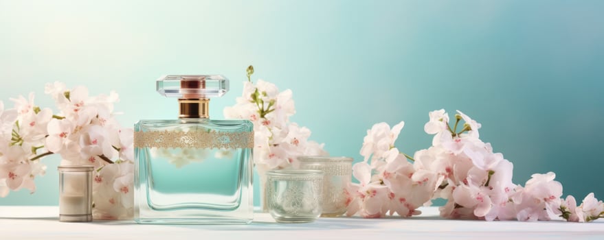 AI generated a perfume bottle set next to pink flowers photo