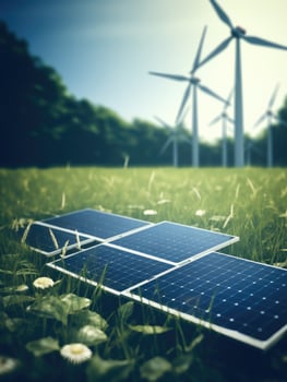 AI generated solar panel and two wind turbines on the ground photo