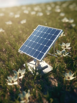 AI generated solar panel and two wind turbines on the ground photo