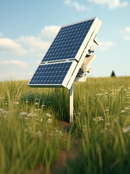 AI generated solar panel and two wind turbines on the ground photo