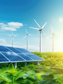 AI generated solar panel and two wind turbines on the ground photo