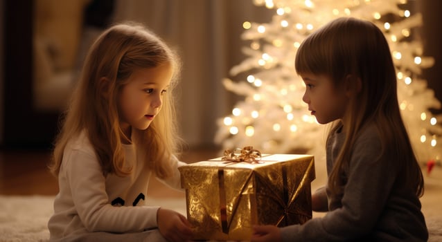 AI generated two children and an african american man near christmas lights photo