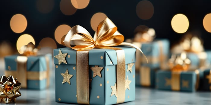 AI generated wrapped present on blue background, with stars photo
