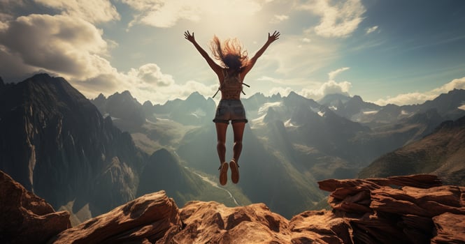 AI generated young woman jumping for joy on the mountains photo