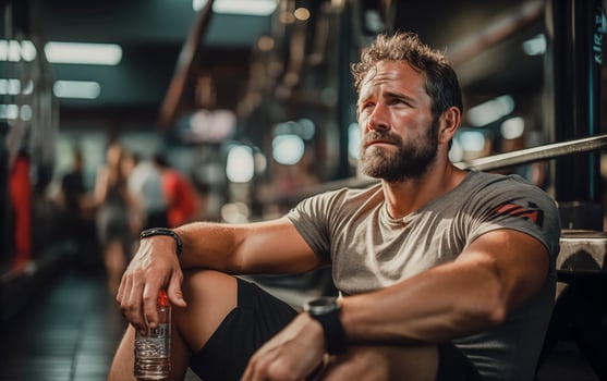 AI generated muscular athlete resting between sets and exercises in the gym photo