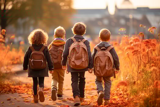 AI generated Schoolkids are walking down the street. Back view. photo