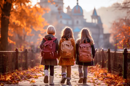 AI generated Schoolkids are walking down the street. Back view. photo
