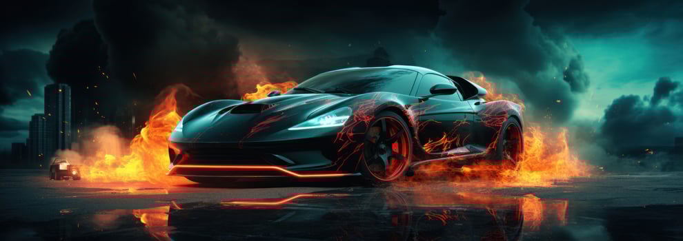 AI generated fire rages behind black racing car in the night photo