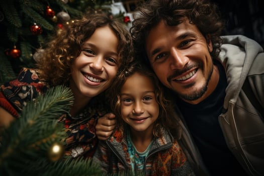 AI generated four people are standing over a christmas tree photo