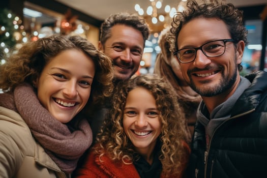AI generated four people with christmas gifts taking a selfie in front of christmas tree photo