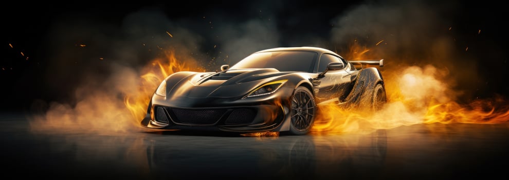AI generated black fast sports car with flames coming out of its engine photo