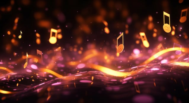 AI generated music notes flying behind a black background photo