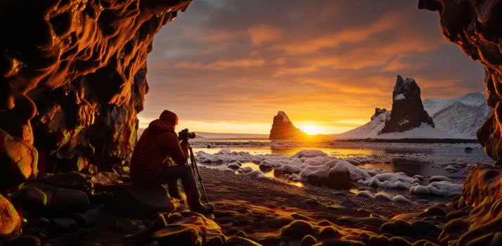 AI generated photographer taking photo in the ice cave in easter island, lapland