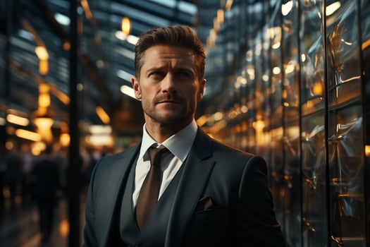 AI generated Portrait of a handsome businessman in a modern office building, train station or airport photo