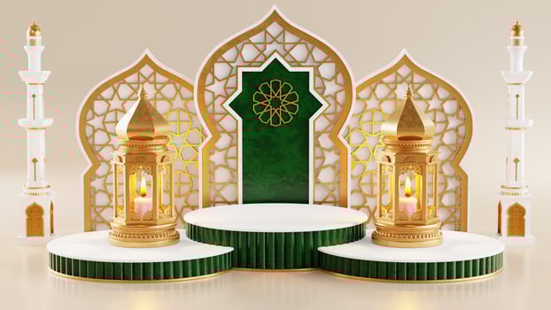 3d Ramadan Kareem podium with golden moon star and lantern, mosque door islamic pattern, arabic coffee pot, date palm fruit, podium as luxury islamic background. decoration for ramadan kareem. photo