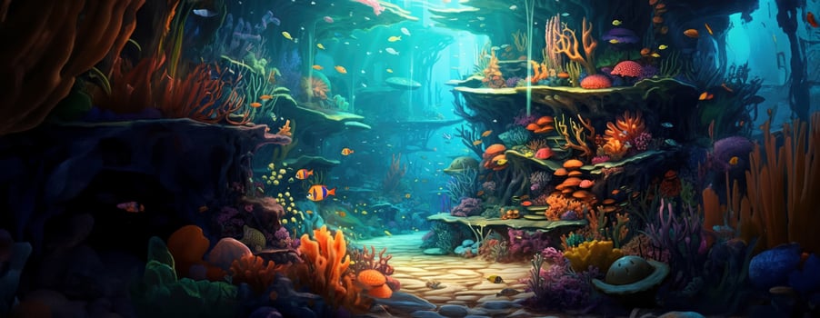 AI Generated Tropical sea underwater fishes on coral reef. Aquarium oceanarium wildlife colorful marine panorama landscape nature snorkel diving. AI Generative. photo
