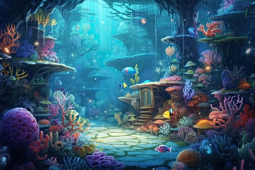 AI Generated Tropical sea underwater fishes on coral reef. Aquarium oceanarium wildlife colorful marine panorama landscape nature snorkel diving. AI Generative. photo