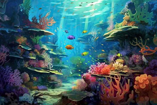 AI Generated Tropical sea underwater fishes on coral reef. Aquarium oceanarium wildlife colorful marine panorama landscape nature snorkel diving. AI Generative. photo