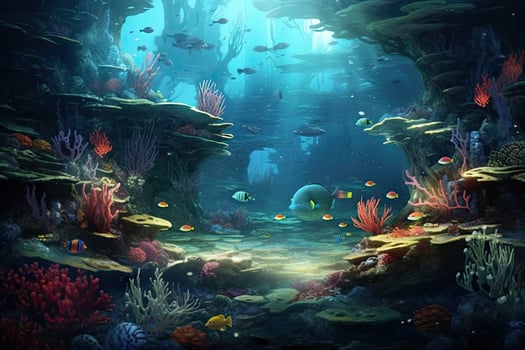AI Generated Tropical sea underwater fishes on coral reef. Aquarium oceanarium wildlife colorful marine panorama landscape nature snorkel diving. AI Generative. photo