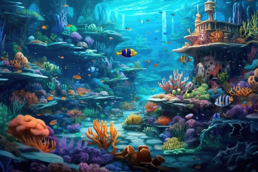 AI Generated Tropical sea underwater fishes on coral reef. Aquarium oceanarium wildlife colorful marine panorama landscape nature snorkel diving. AI Generative. photo