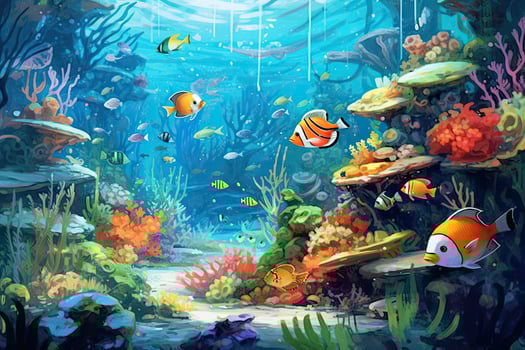 AI Generated Tropical sea underwater fishes on coral reef. Aquarium oceanarium wildlife colorful marine panorama landscape nature snorkel diving. AI Generative. photo