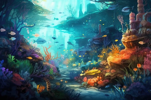 AI Generated Tropical sea underwater fishes on coral reef. Aquarium oceanarium wildlife colorful marine panorama landscape nature snorkel diving. AI Generative. photo
