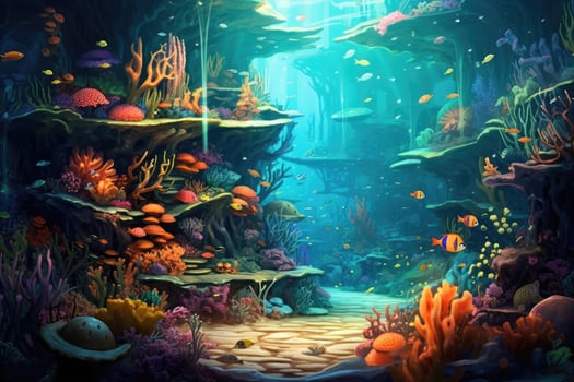AI Generated Tropical sea underwater fishes on coral reef. Aquarium oceanarium wildlife colorful marine panorama landscape nature snorkel diving. AI Generative. photo