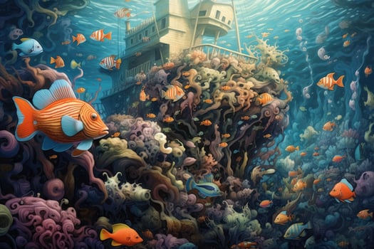 AI Generated Tropical sea underwater fishes on coral reef. Aquarium oceanarium wildlife colorful marine panorama landscape nature snorkel diving. AI Generative. photo