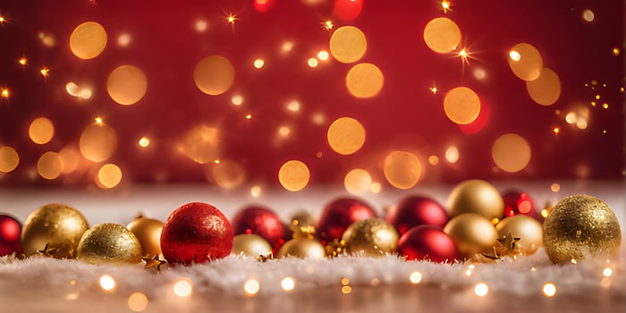 AI generated Red Christmas Background With Shining Ball photo