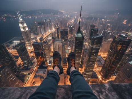 AI generated A person's feet laying on the skyscraper. Generative AI photo