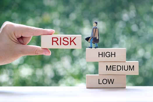 Business man standing on wooden block on natural green background, Business investment and Risk management concept.Financial risk assessment photo