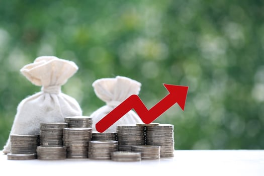 Red arrow graph on stack of coins money and money bag on natural green background, Business investment and Risk management concept.Financial risk assessment photo