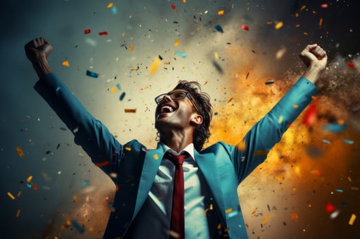 AI generated Victorious man suit celebrating success. Generate Ai photo