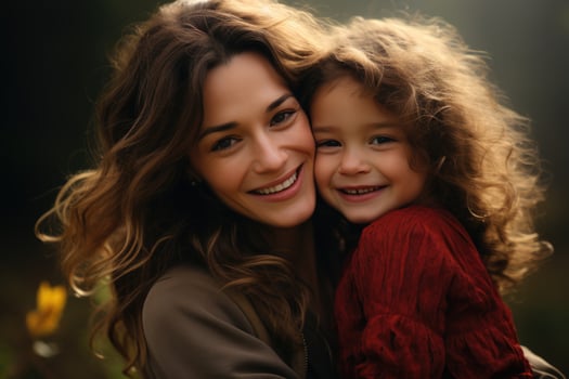 AI generated Happy mom holding her daughter playing together outdoors. AI Generated photo