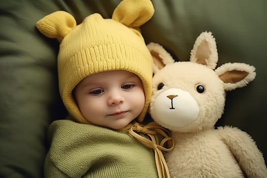 AI generated Woodland Cuddle Baby Embraces a Plush Deer Pal photo