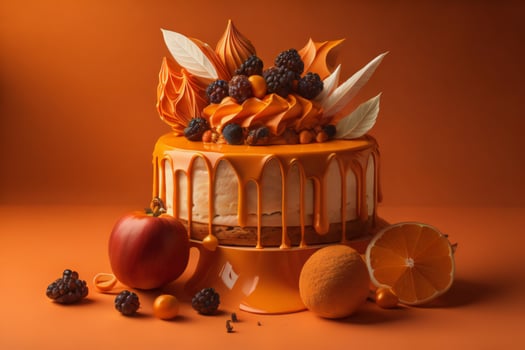 AI generated Birthday cake with orange frosting and fresh fruits on orange background. generative ai photo