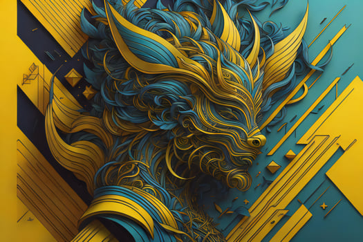 AI generated abstract geometric composition with golden horse head on yellow background. generative ai photo