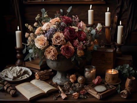 AI generated Still life with dried flowers, books and candles in vintage style. generative ai photo
