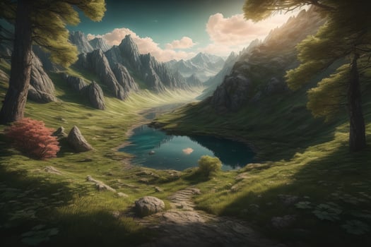 AI generated Fantasy landscape with lake and mountains in the background. generative ai photo