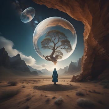 AI generated Woman in the desert with a tree in the shape of a planet. generative ai photo