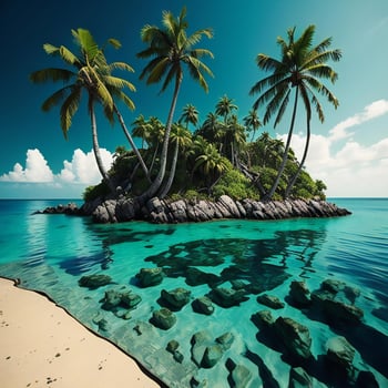AI generated Beautiful tropical island with palm trees and turquoise ocean water. generative ai photo