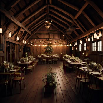 AI generated Interior of a restaurant with wooden ceiling, tables and chairs. generative ai photo