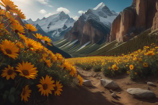 AI generated Sunflower meadow in the mountains. generative ai photo