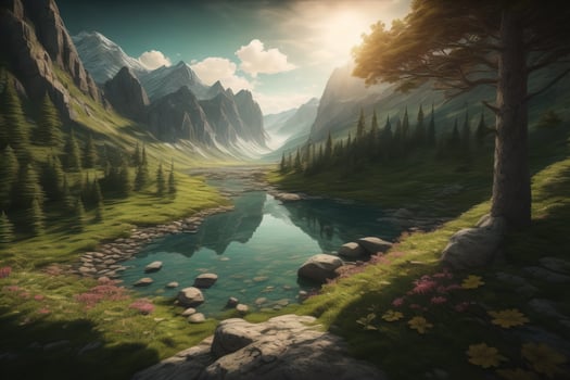 AI generated Beautiful fantasy landscape with a river in the mountains. ai generative photo
