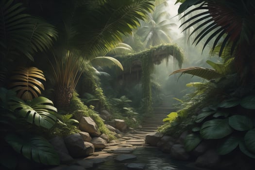 AI generated A pathway in tropical rainforest with palm trees and path in the mist. ai generative photo