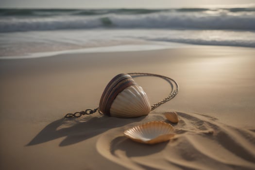 AI generated Seashells and necklace on the beach in the morning. generative ai photo