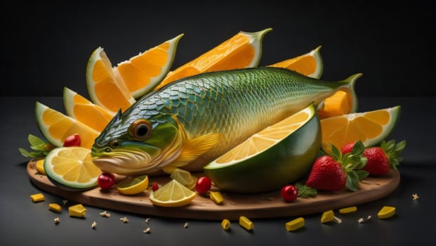 AI generated Fresh raw fish and fruits on a black background. Healthy food concept. generative ai photo