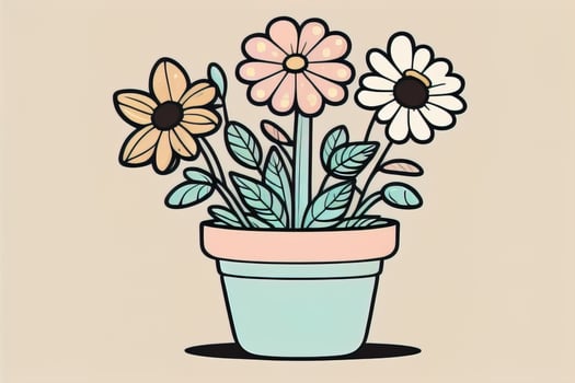AI generated Illustration of a flowerpot with pink and blue flowers on a gray background. ai generative photo