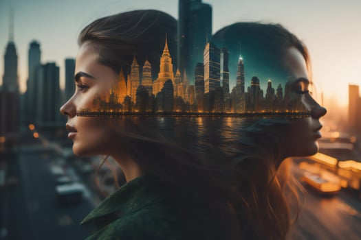 AI generated Double exposure of young woman and skyscrapers in the city. generative ai photo