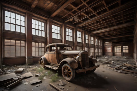 AI generated an old car in an abandoned factory building. generative ai photo